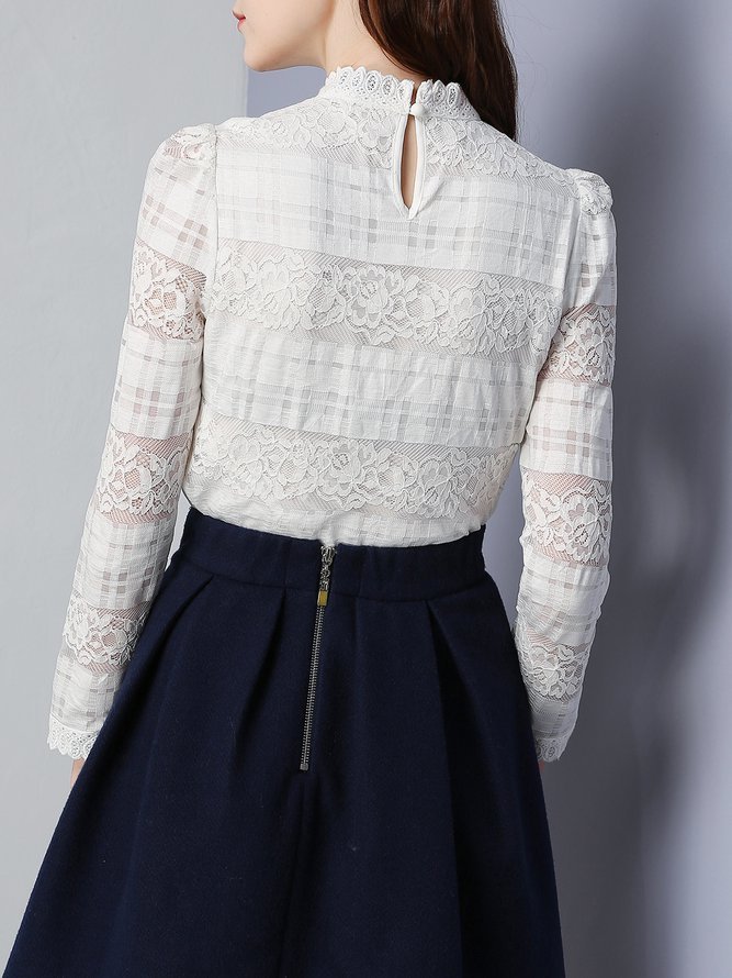 White Floral Ruffled Guipure Lace Long Sleeve Blouse stylewe